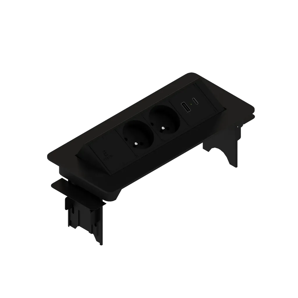 [ETEBOX.19.4-V1-F1] Tomada AXIS ( 2x tomadas + 1x USB A+C CR ) (Preto, FR CEE 7-5 (E))